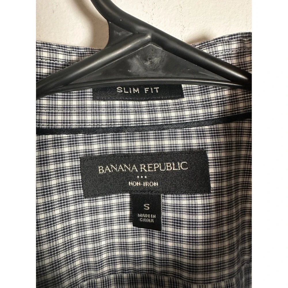 Banana Republic Mens Slim Fit Non-Iron Dress Shirt Navy White‎ Gingham Small S